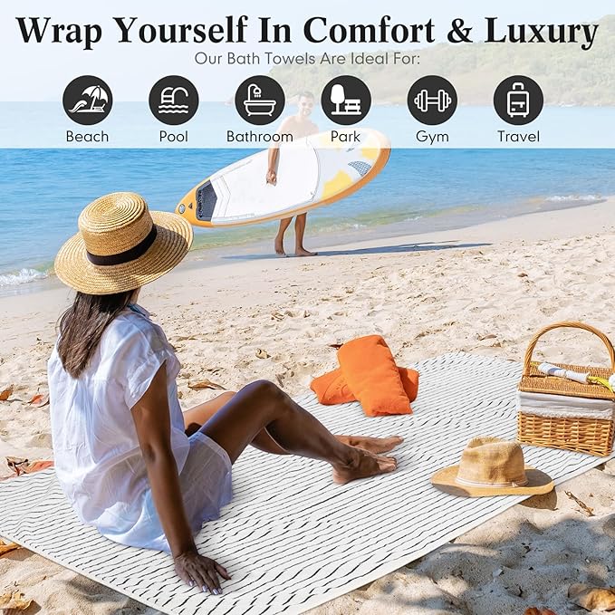 4 Pieces Extra Large Black and White Striped Bath Towels Set 35 x 70 in Coral Fleece Oversized Bathroom Pool Towel Highly Absorbent Soft Quick Dry Shower Bath Sheets for Hotel Spa Pool