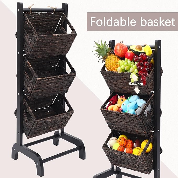 Menkxi Wicker 3 Tier Foldable Storage Basket Floor Rack with Market Storage Basket Water Hyacinth Storage Rack Hand Woven Laundry Rack for Bathroom Kitchen Laundry Room Living Room Storage (Brown)