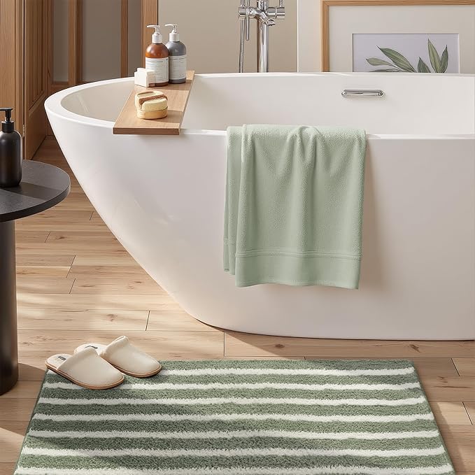 GRANNY SAYS Striped Bathroom Rugs Non Slip, 20" x 32", Bath Rugs for Bathroom Washable, Bath Mats for Floor, Microfiber Bath Mat for Tub, Absorbent Bath Rugs for Shower Room, Sage Green