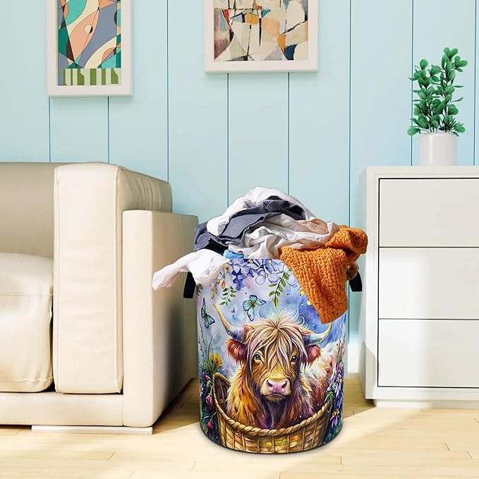 Highland Cow Laundry Basket Highland Cattle Oxford Cloth Laundry Hamper With Handle Foldable Portable Clothes Storage Basket 18.9 X 16.5 Inch Storage Bag For Laundry Room/Bathroom/Bedroom/Dormitories