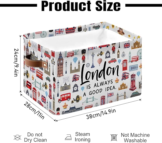 London Themed Storage Basket, Collapsible Souvenir Bin with Handles for London Lovers -Red Bus & Big Ben Print Organizer for Travel Keepsakes, Kids Room, London Travel Gifts