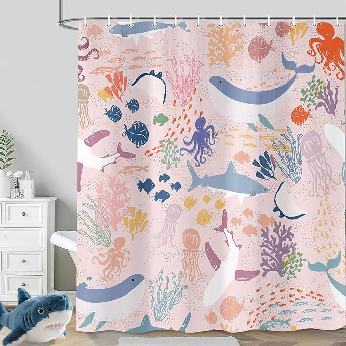 60x70 inch Kids Shower Curtain - Pink Boho Ocean Animals Underwater Cartoon Bathroom Decor with Shark & Fish for Girls, Nautical Theme Bathtub Curtain