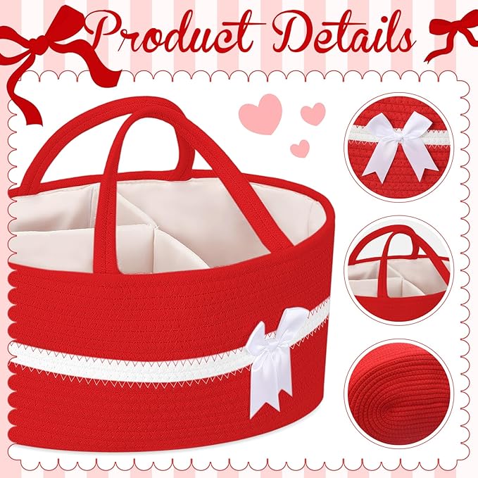Yinkin 1 Pcs Valentine's Day Woven Large Storage Basket with Handles and Removable Divider Gift Baskets with Bow for Closet Bedroom Nursery Toys Organizing, 14.17 x 8.66 x 7.09 Inches(Red and White)