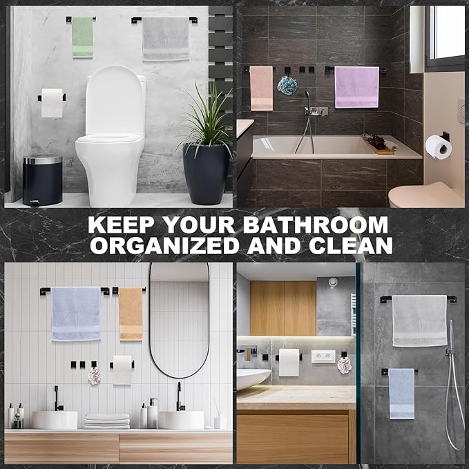 15 Pieces Bathroom Hardware Accessories Set, 23.6 Inch Stainless Steel Bath Towel Bar, Bathroom Hardware Set, Towel Racks Holder for Wall Mounted (Black)