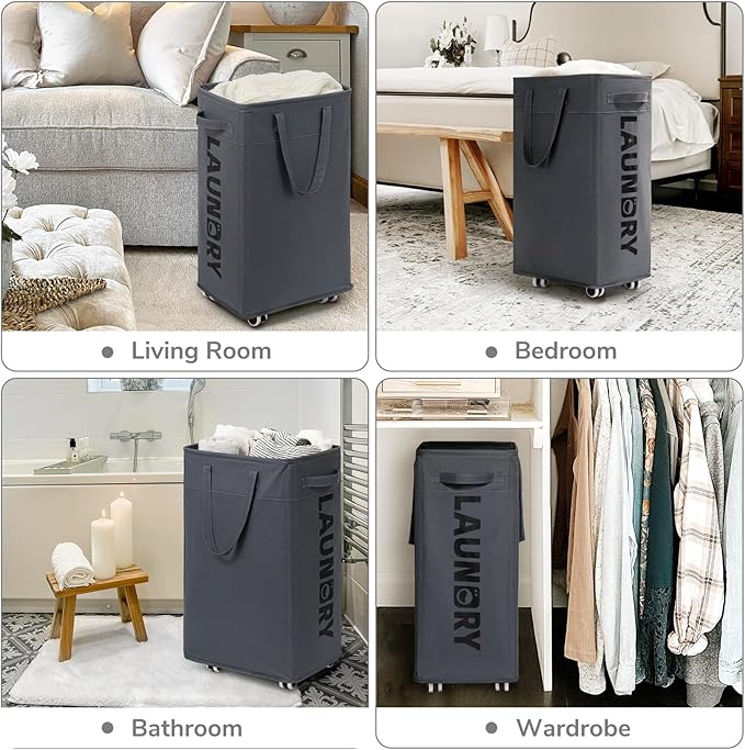 CHICVITA 2-Pack Hamper with Wheels, 75L Large Laundry Baskets with Removable Wash Bags, Foldable Laundry Baskets with Slim Design for Corner Dorms, Rolling Laundry Hamper on Wheels, Grey