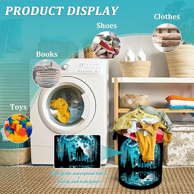Bigfoot and Alien Laundry Basket, Moon Forest Laundry Hamper Foldable Waterproof Funny Tote Bag Dirty Clothes Storage Bucket Toy Organizer for Bathroom/Laundry/Bedroom 15.7"x19.6"