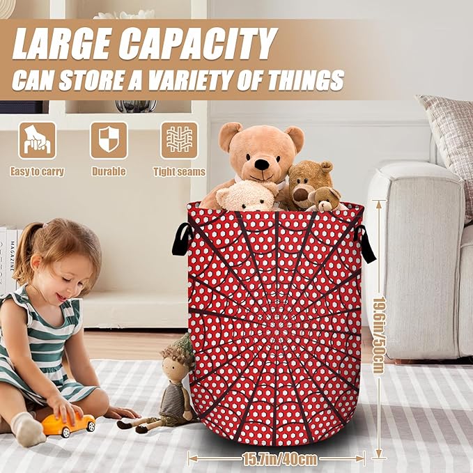 Red Spider Web Laundry Basket, Foldable Waterproof Halloween Laundry Hamper Tote Bag Dirty Clothes Storage Bucket Toy Organizer for Bathroom/Laundry/Bedroom 15.7"x19.6"