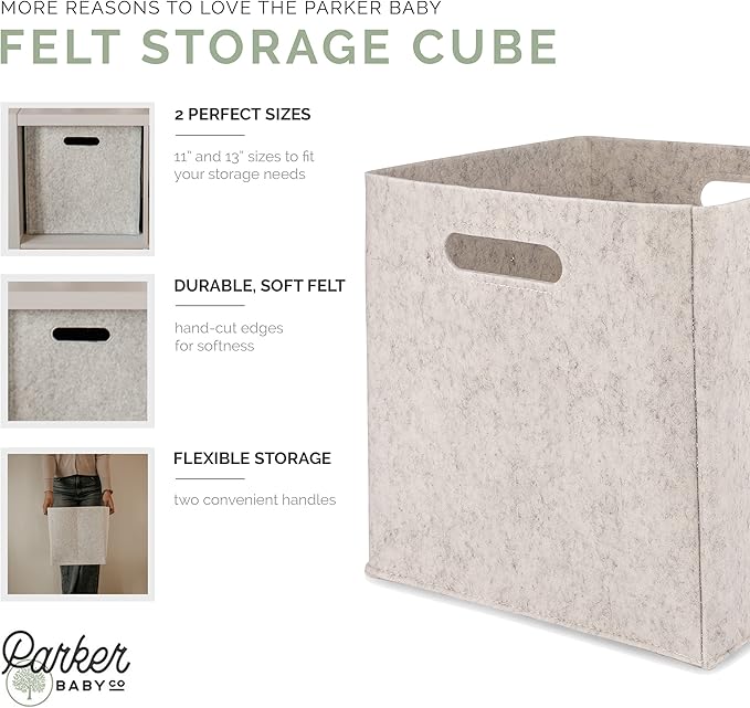 Parker Baby Felt Foldable Storage Cube Bin - 11 Inch Nursery Cubby Storage Bin Cubes for Cube Organizer, Closet Organizers and Storage Toy Bin, Rope Baskets Bins for Toy’s Storage - White