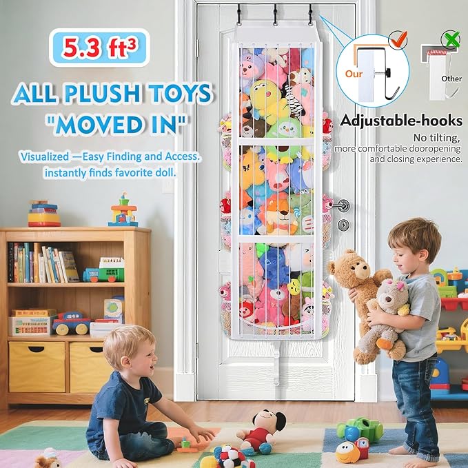 Toread Over the Door Stuffed Animal Storage – Elastic Rope Easy Access 70+ Soft Toy & Adjustable No-Damage Hooks Plushy Organizers Suitable for Kids Room Toy Holder Bedroom Hanging Stuffie Storage.