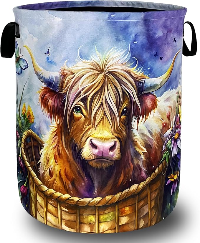 Highland Cow Purple Flowers Laundry Basket Foldable Animal Colorful Laundry Hamper With Handle Oxford Cloth Portable Clothes Storage Basket Laundry Bag 18.9"x16.5" For Laundry Room/Bedroom/Bathrooms