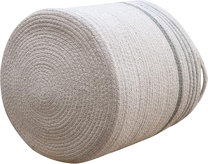Lorena Canals Basket TWIN for kids' room in Vintage Blue/Natural color. Handmade by artisans in Natural Cotton and Non-Toxic Dyes-Size: 1' x Ø 1'