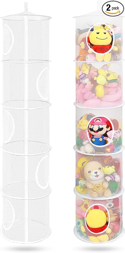 2Pcs Hanging Mesh Space Saver Bags Organizer, Foldable Stuffed Animal Storage Organizer 5 Compartments Toy Storage Organizer for Kid Room Toys, Gloves,Hats,Socks Storage, White