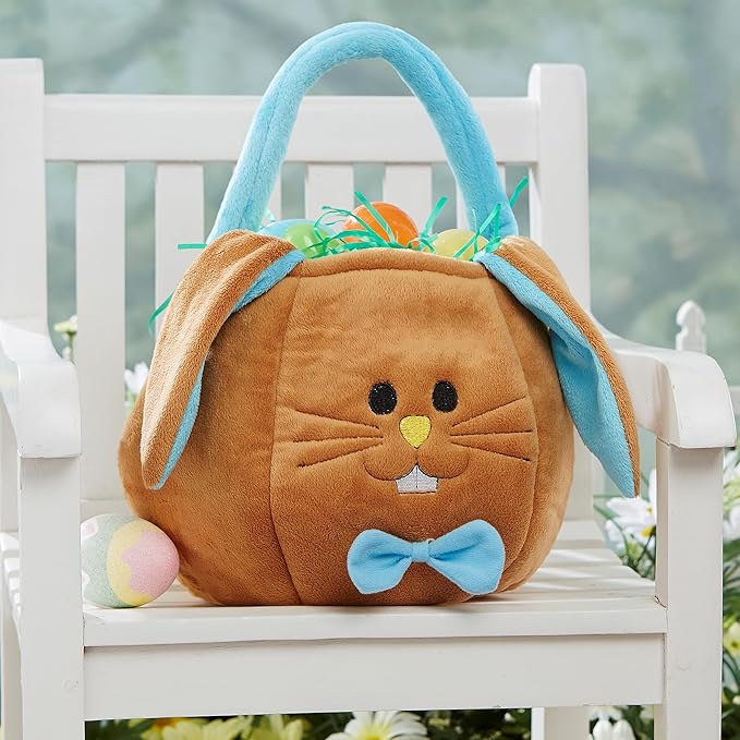 Personalization Universe Embroidered Blue Accented Easter Bunny Basket, Soft Plush Easter Egg Hunt Bag, Children's Holiday Basket