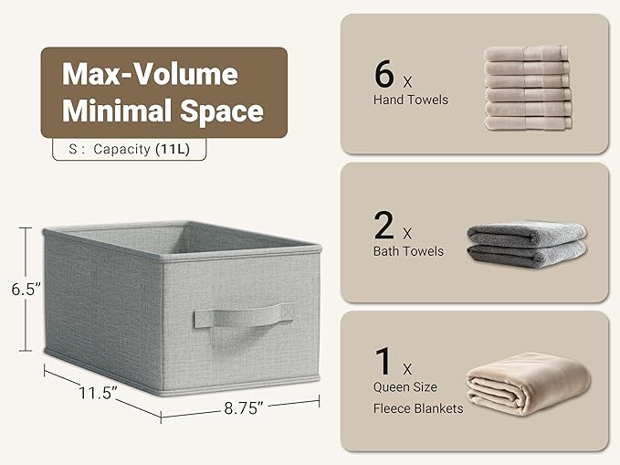 3 Pack Fabric Storage Bins for Shelves | 11.5x8.75x6.5in Closet Storage Baskets | Collapsible Storage Bins | Fabric Closet Organizers with Handles | Light Gray