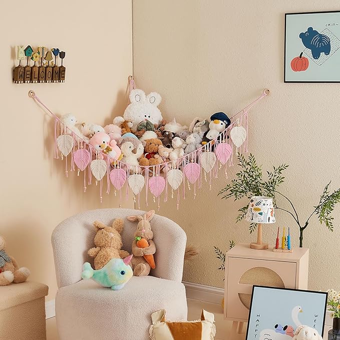 Pretty Jolly Macrame Stuffed Animal Hammock with Beads Hand Woven Leaf Tassels Corner Hanging Net Boho Holder for Kid Room Nursery Decor Easy Install Organizer for Girls Gift(Light Pink)