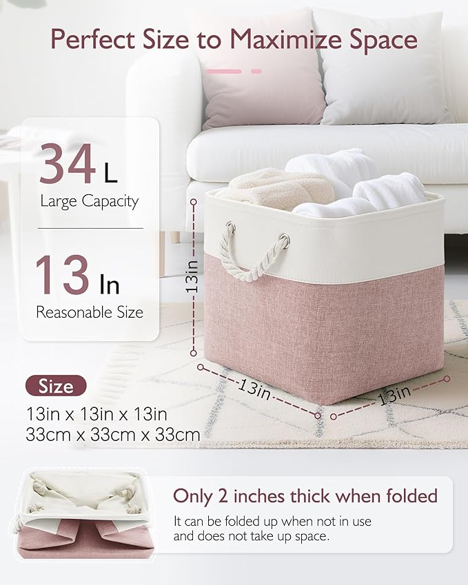13x13x13 Cube Storage Bins,4 Pack Large Foldable Fabric Storage Cubes with Handles for Organizing Home, Closet, Shelf, Office(White&Pink)
