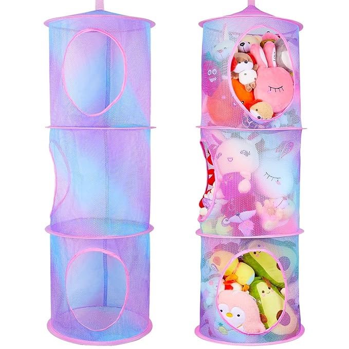 Basumee Stuffed Animals Net or Hammock 2 Pcs Stuffed Animals Storage Toy Net Hammock for Plushies Storage Organizer Mesh Kids Girls Room Decor, Blue and Purple, 3 Tiers