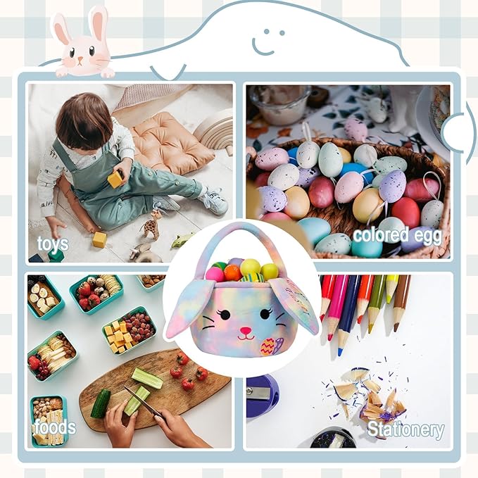 Easter Baskets for Kids,Plush Egg Hunting Easter Buckets with Handle Folded Ears, Gifts Boys Girls