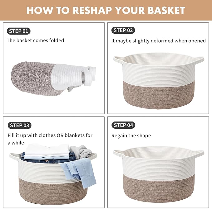 ShellKingdom Laundry Basket, Large Natural Rope Woven Storage Basket with Handles for Home, Living Room, Laundry, Storage Organizer for Blankets, Clothes, Plant, Toys, 13.78 x 21.65 INCH (White Brown)