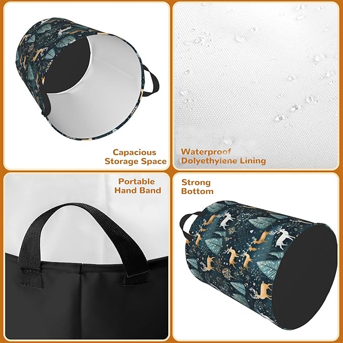 Christmas Deer Laundry Basket,Forest Trees Foldable Laundry Hamper Waterproof Oxford Cloth Tote Bag,Clothes Storage Bucket Decorative Toy Organizer For Bathroom Bedroom 16" x 20"