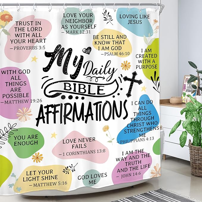 Homewelle Christian Bible Verse Shower Curtain Abstract Boho Mid Century Inspirational Quotes Minimalist Geometric Scripture 60Wx72H Inch Multicolor Waterproof Polyester Fabric Bathroom Bathtub