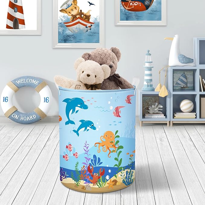 Clastyle Marine Animals Bubbles Kid Laundry Basket with Lid Foldable Sea Shark Dirty Clothes Hamper Round Toy Clothes Pool Beach Towel Basket, Blue Dolphin, 36 * 45 cm