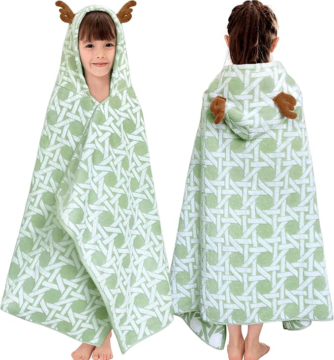VOOVA & MOVAS Kids Bath Towel with Elk Hood (3-8Years,27.5"X54"), Absorbent Thick Cotton Towel Wrap for Pool | Swim | Bath, Jacquard Forest Elk