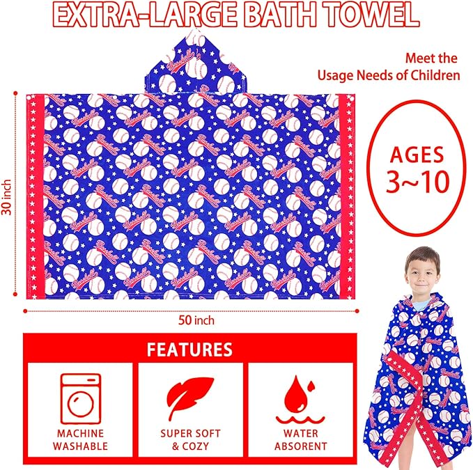 Hooded Beach Towel for Kids 3-10 Years - Soft Thick Cotton Baseball Toddler Hood Bath Towels/Pool Terry Towel Poncho Wrap Absorbent Cute Bath & Swim Wrap for Boys & Girls Beach Essentials -Blue