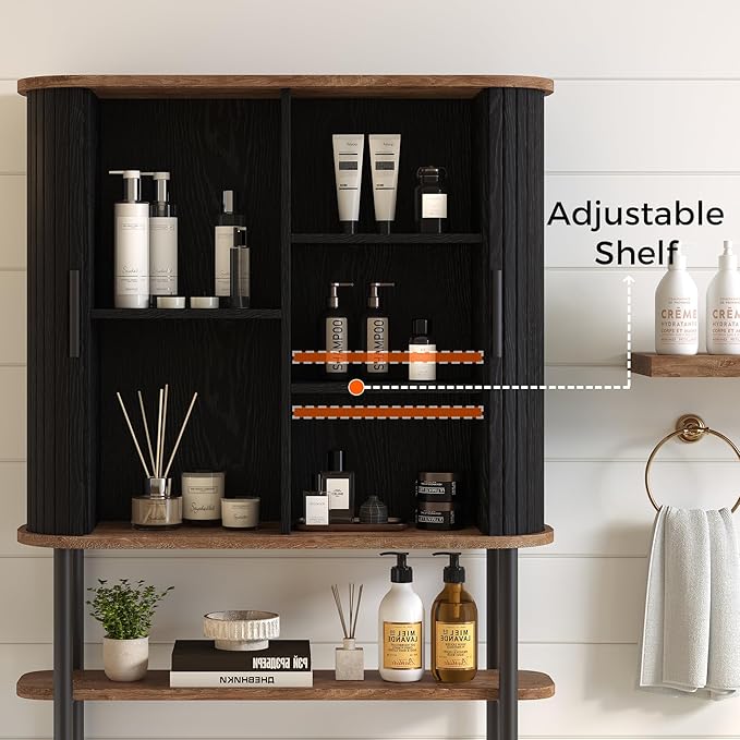 Over The Toilet Storage Cabinet with 2 Sliding Door, Adjustable Shelf Bathroom Organizers and Storage with Anti-Tip Device, Waterproof, Space Saver for Bathroom, Restroom, Laundry, Black