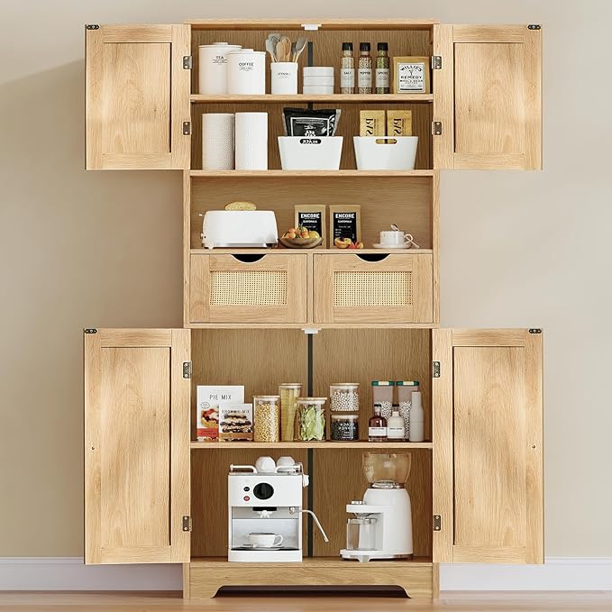 WEENFON 57.8" H Tall Storage Cabinet with 2 Drawers & 2 Adjustable Shelves, Rattan Cabinets with 4 Doors, Cupboard, Kitchen Cabinets, Pantry Cabinet, Tall Cabinet for Living Room, Entryway, Natural
