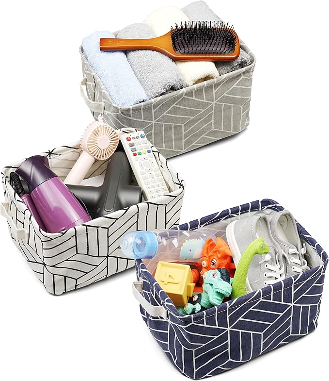 CROWNED 6 Pcs Storage Basket Foldable Cube Fabric Bins Square Mini Box Receive Organizer Rectangle Canvas with Handles for Home Office Books Small 11x8x6.3 inch White