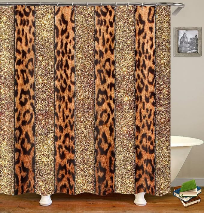 4PCS Leopard Print Shower Curtain Set, African Safari Animal Skin Panthera Fur Brown Cheetah Print Stripes Shining Bling Modern Glam Bathroom Decor, Non-Slip Bath Mat Toilet Rug, Gold Glitter