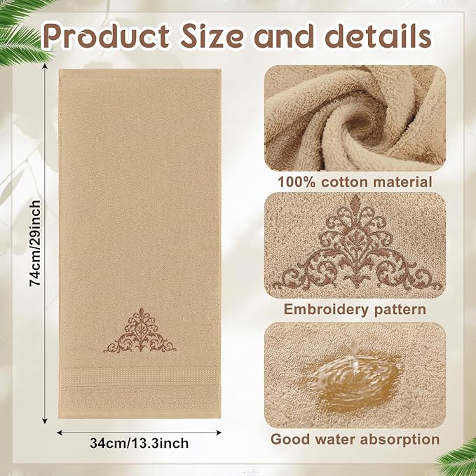 2 Pcs Damascus Hand Towels Brown Farmhouse Bathroom Decor 14x29 Inch Embroidered 100% Cotton Soft Absorbent Spring Summer Decorative Hand Towels for Bathroom Kitchen