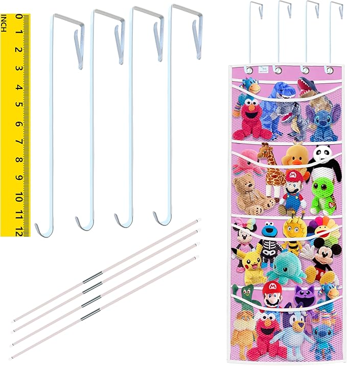 over the door stuffed animal storage, with Extra Long Hooks- Large Capacity Organizer Fits 50+ stuffed animal, Over the Door or Corner Teddy Bear Storage for Stuffy Organization, Pink