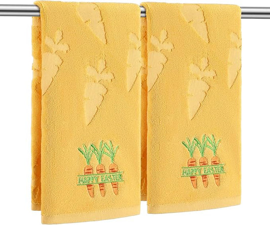 2 Pcs Easter Hand Towels for Bathroom Carrot Easter Bath Towels Yellow 100% Cotton Jacquard Embroidered Decorative Gift Set Kitchen Decor Home Accessories