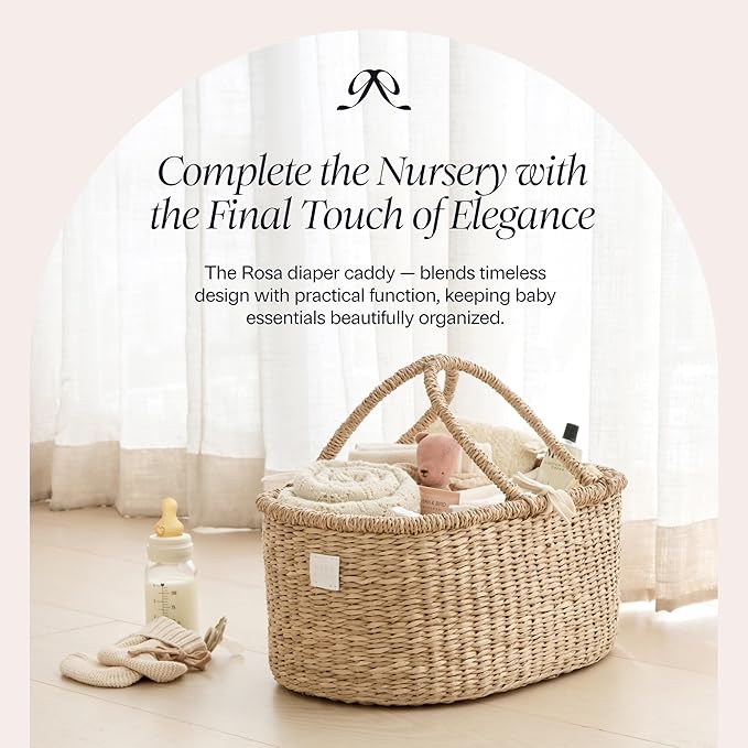 BEBE BASK Premium Baby Changing Basket - Artisan-Crafted Seagrass With Extra High Sides - Changing Basket for Baby Dresser - All Accessories Included - Complete Set for Nursery (Natural)