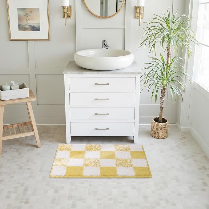 GRANNY SAYS Checkered Yellow Bathroom Rugs, 24" x 16", Non-Slip Bath Mats for Bathroom, Plush Shag Absorbent Microfiber Ultra Soft Bath Mat, Cute Washable Rug for Tub, Shower, Bedroom