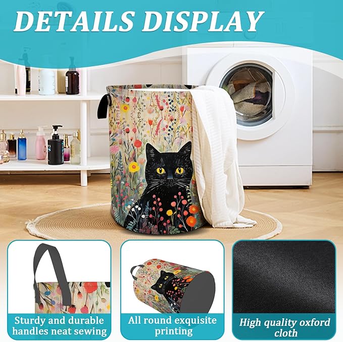 Black Cat Laundry Basket, Flower Floral Laundry Hamper Foldable Waterproof Tote Bag Dirty Clothes Storage Bucket Toy Organizer for Bathroom/Laundry/Bedroom 15.7"x19.6"