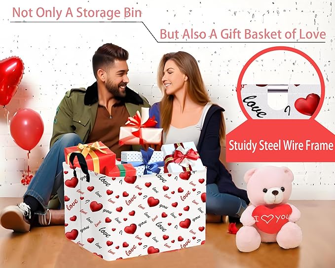 Large Valentine's Day Basket Heart Shaped Storage Bin for Gifts Collapsible Organizer Room Decor (3D Love)
