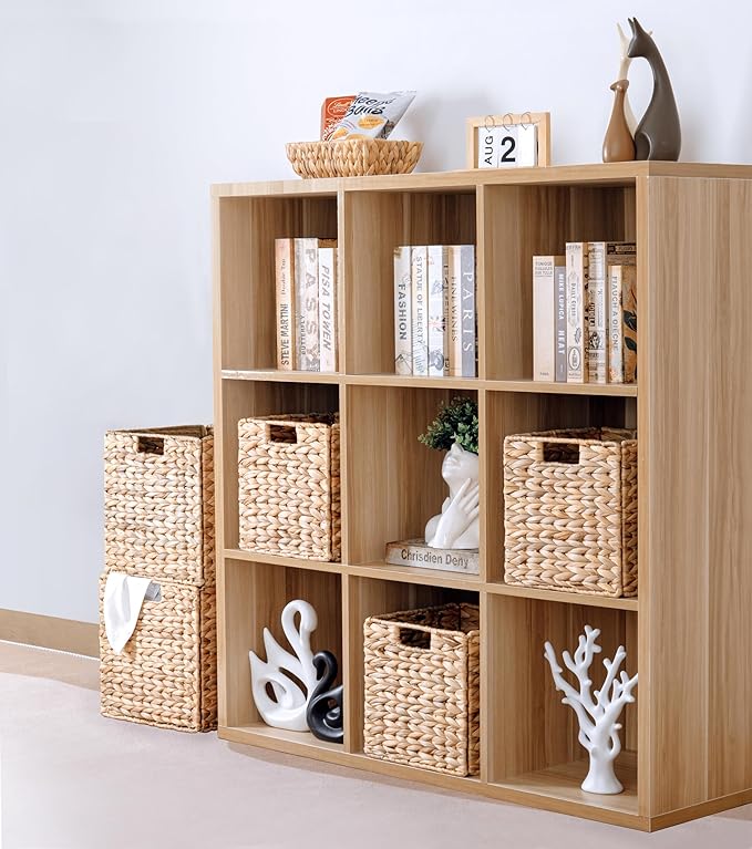 10.5x10.5 Water Hyacinth Storage Baskets, Collapsible Square Wicker Baskets Cube Storage Bins for IKEA Kallax, Set of 3