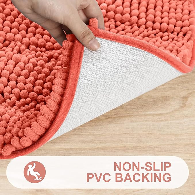 Grandaily Chenille Striped Bathroom Rugs 30x20, Extra Thick and Absorbent Bath Mats, Non-Slip Soft Plush Shaggy Shower Carpet, Machine Wash Dry, Bath Rug for Bathroom, (Medium, Coral)