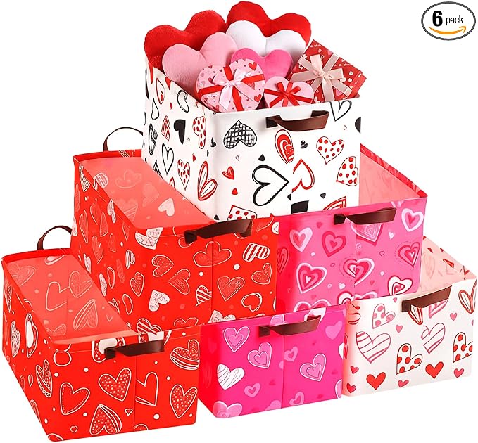 6 Pack Valentine's Day Storage Baskets Waterproof Canvas with Leather Handles Collapsible Storage Bins Cube Baskets for Closet Clothes Room Decor Gift Basket (Heart)