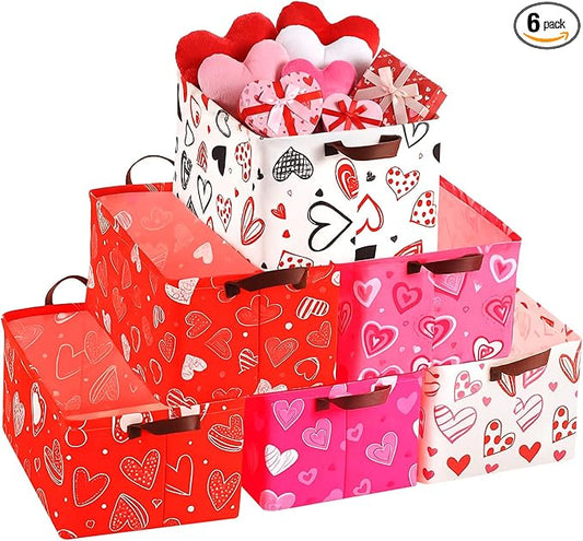 6 Pack Valentine's Day Storage Baskets Waterproof Canvas with Leather Handles Collapsible Storage Bins Cube Baskets for Closet Clothes Room Decor Gift Basket (Heart)