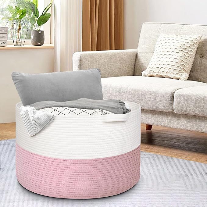 115L Pink Basket for Organizing, 23.6“x15.7" XXXL Blanket Storage for Living Room, Extra Large Toy Box, Soft Woven Cotton Rope Bin, Decorative Baby Nursery Basket, Girls Pink Room Decor