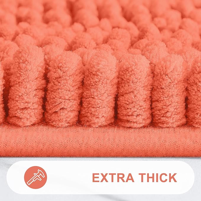 Grandaily Chenille Striped Bathroom Rugs 30x20, Extra Thick and Absorbent Bath Mats, Non-Slip Soft Plush Shaggy Shower Carpet, Machine Wash Dry, Bath Rug for Bathroom, (Medium, Coral Orange)