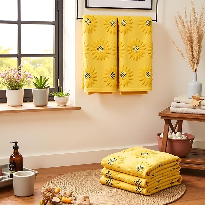 2pcs Sunflower Hand Towels for Bathroom Decorative Towels Set 100% Cotton Yellow Jacquard Spring Summer Floral Bath Towels Dish Kitchen Towels Kitchen Bathroom Decor Gift (Sunflower Yellow)