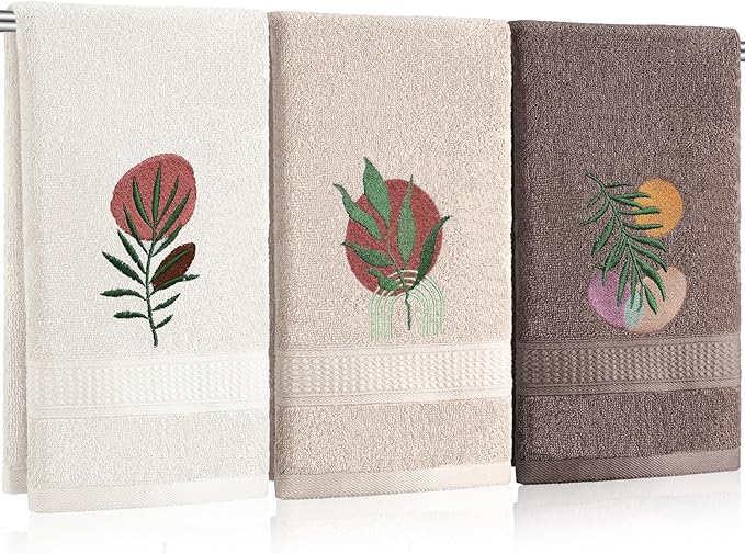 3 Pack Boho Leaves Hand Towels for Bathroom 100% Cotton Embroidered Bathroom Towels 13.78 x 29.53 Inch Beach Hand Towels Absorbent Soft Cotton Towel(Beige,Bohemian Style)