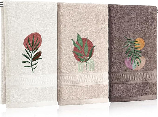 3 Pack Boho Leaves Hand Towels for Bathroom 100% Cotton Embroidered Bathroom Towels 13.78 x 29.53 Inch Beach Hand Towels Absorbent Soft Cotton Towel(Beige,Bohemian Style)
