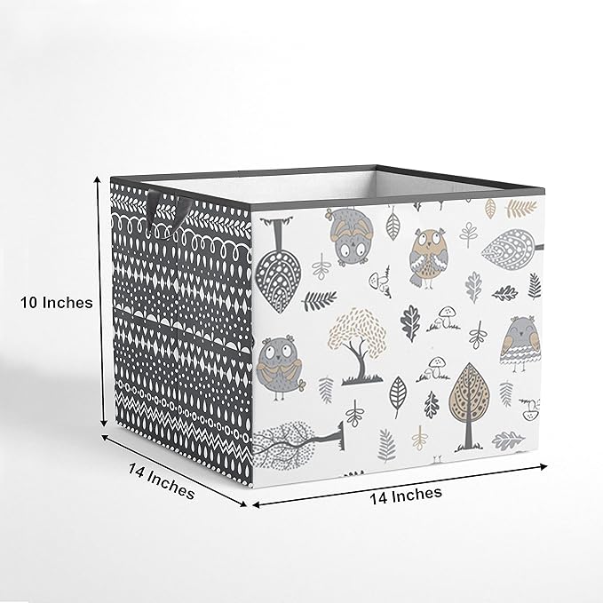 Bacati - Large Storage Tote Owls in the Woods Beige/Grey Neutral 14 X 14 X 10 inches