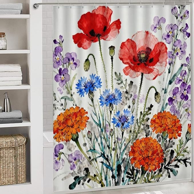 4 Piece Bathroom Rug Set with Shower Curtain, Non-Slip Bath Mat Toilet Cover Set, Wisteria Cascade Bathroom Rug Sets
